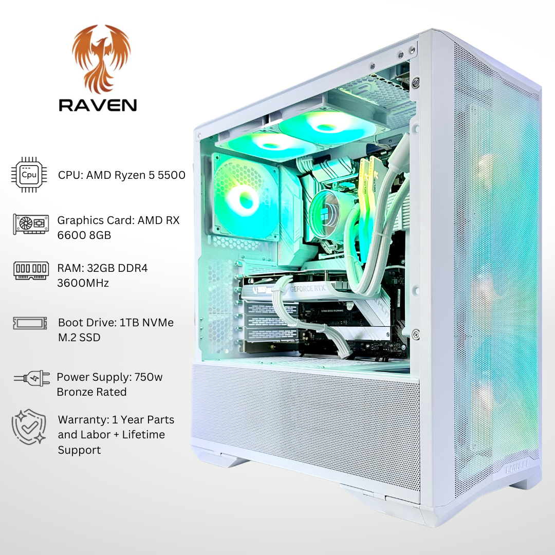 White Raven AMD RX 6600 Ryzen 5 5500 32GB RAM 1TB SSD RGB Gaming PC