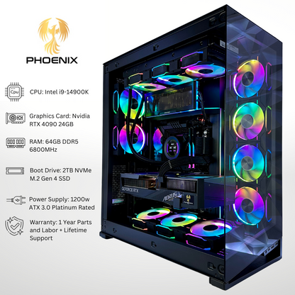 Phoenix Plus RTX 4090 Intel Core i9-14900K 64GB RAM DDR5 RGB Gaming PC (Mounted 8.8" LCD Screen + LCD Screen Cooler)