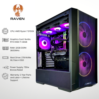 Raven Plus RTX 4060 Ti AMD Ryzen 7 5700X 32GB RAM 1TB SSD DDR4 RGB Gaming PC