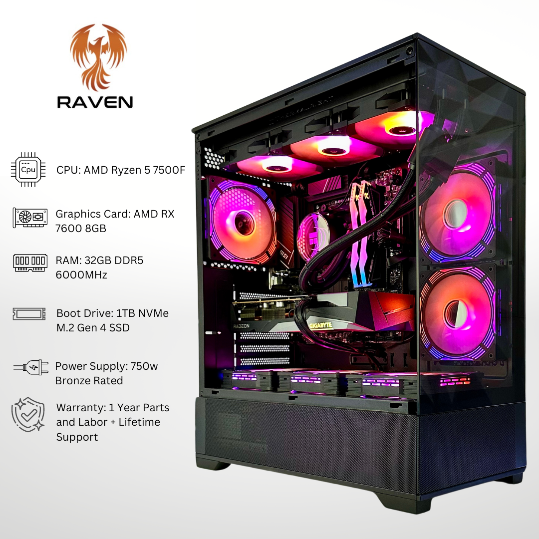 Raven AMD RX 7600 Ryzen 5 7500F 32GB RAM 1TB SSD DDR5 RGB Gaming PC