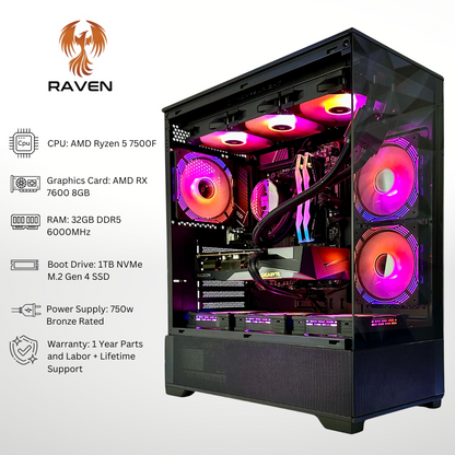 Raven AMD RX 7600 Ryzen 5 7500F 32GB RAM 1TB SSD DDR5 RGB Gaming PC