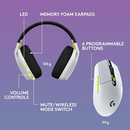 White Logitech G435 LIGHTSPEED Wireless Gaming Headset + G305 Lightspeed Wireless Gaming Mouse