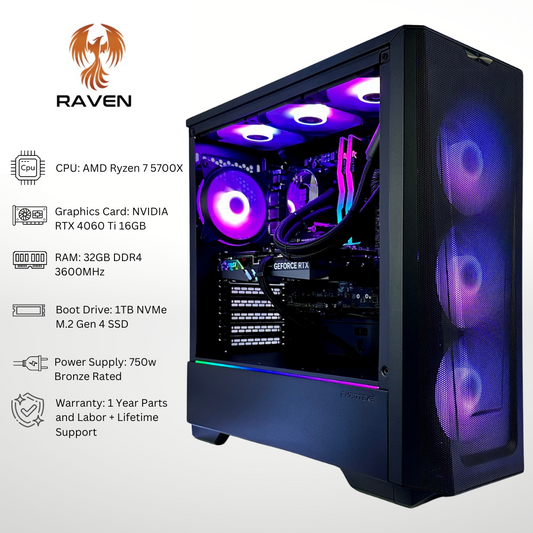 Raven Plus RTX 4060 Ti 16GB AMD Ryzen 5700X 32GB RAM RGB Gaming PC