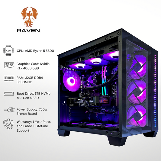 Raven - RTX 4060 AMD Ryzen 5 5600 32GB RAM 1TB SSD DDR4 RGB Gaming PC