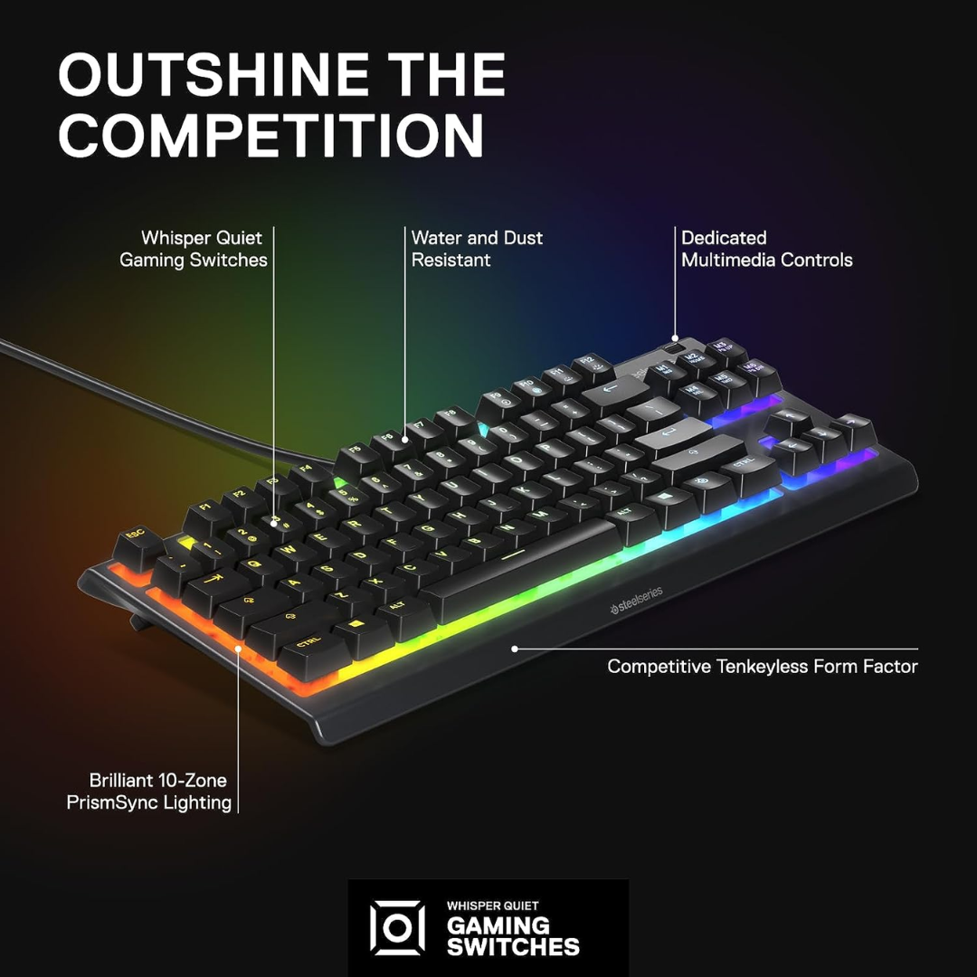 SteelSeries Apex 3 TKL RGB Gaming Keyboard - Tactile and Silent