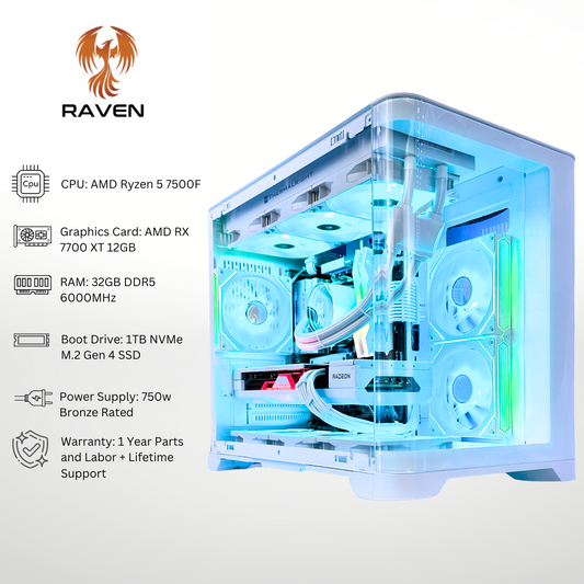 White Raven Plus AMD 7700 XT Ryzen 5 7500F 32GB RAM 1TB SSD DDR5 RGB Gaming PC