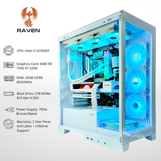 White Raven Plus AMD RX 7700 XT Intel i7-127000KF 32GB RAM 1TB SSD RGB Gaming PC