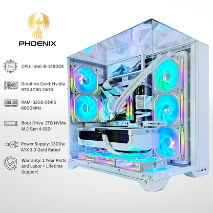 White Phoenix Plus Nvidia RTX 4090 Intel Core i9-14900K DDR5 RGB Gaming PC (8.8" LCD Screen)