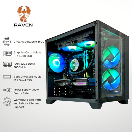 Raven RTX 4060 AMD Ryzen 5 5600 32GB RAM 1TB SSD DDR4 RGB Gaming PC