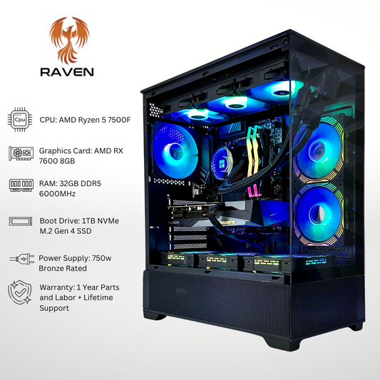 Raven AMD RX 7600 Ryzen 5 7500F 32GB RAM 1TB SSD DDR5 RGB Gaming PC