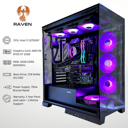 Raven AMD RX 6700 XT Intel Core i7-12700KF 32GB DDR5 RGB Gaming PC