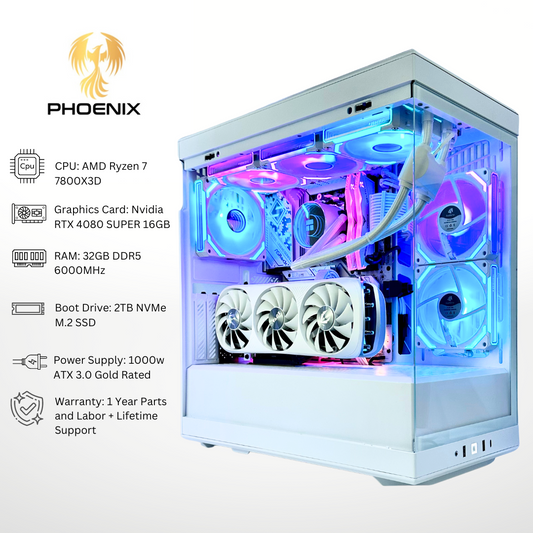 White Phoenix RTX 4080 Super AMD Ryzen 7 7800X3D 32GB RAM 2TB SSD RGB Gaming PC