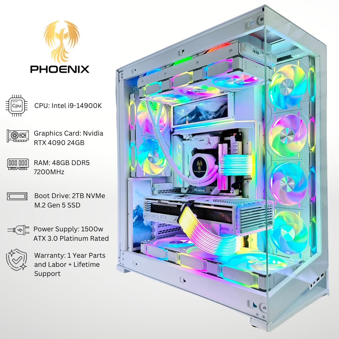 White Phoenix Plus Nvidia RTX 4090 Intel Core i9-14900K 2TB Gen 5 SSD DDR5 RGB Gaming PC (4 Built In LCD Screens)