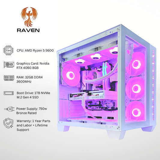 White Raven - RTX 4060 AMD Ryzen 5 5600 32GB RAM 1TB SSD RGB Gaming PC