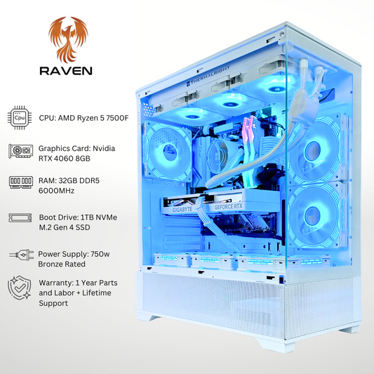 White Raven RTX 4060 AMD Ryzen 5 7500F 32GB RAM 1TB SSD RGB Gaming PC