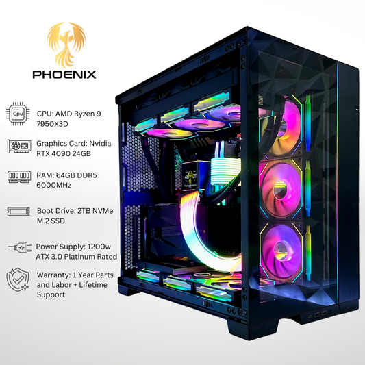 Phoenix Plus Nvidia RTX 4090 AMD Ryzen 9 7950X3D RGB Gaming PC (Liquid Cooled GPU + CPU)