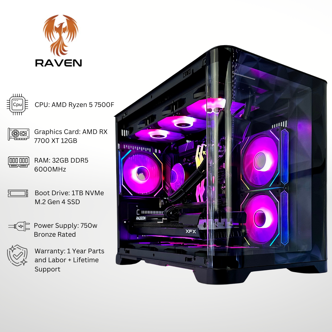 Raven Plus AMD RX 7700 XT Ryzen 5 7500F 32GB RAM 1TB SSD DDR5 RGB Gaming PC