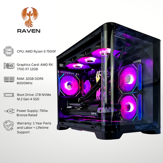 Raven Plus - AMD RX 7700 XT Ryzen 5 7500F 32GB RAM 1TB SSD DDR5 RGB Gaming PC