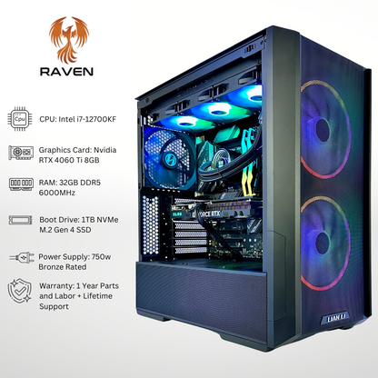 Raven Plus RTX 4060 Ti Intel i7-12700KF 32GB RAM 1TB SSD DDR5 RGB Gaming PC