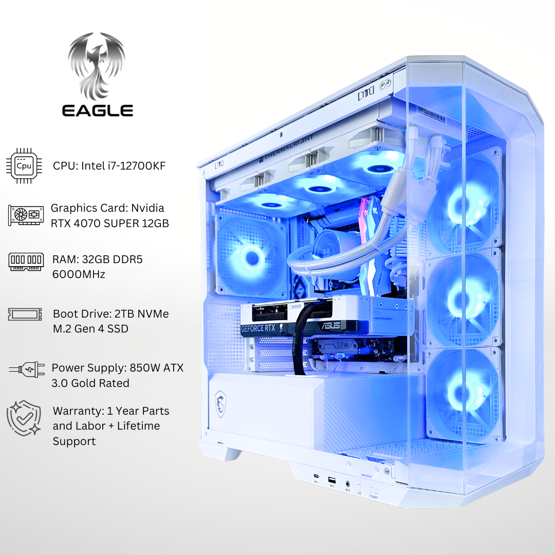 White Intel Eagle RTX 4070 SUPER Intel i7-12700KF 32GB RAM 2TB SSD DDR5 RGB Gaming PC