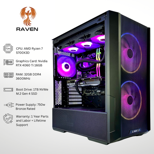 Raven Plus RTX 4060 Ti AMD Ryzen 7 5700X3D 32GB RAM 1TB SSD DDR4 RGB Gaming PC