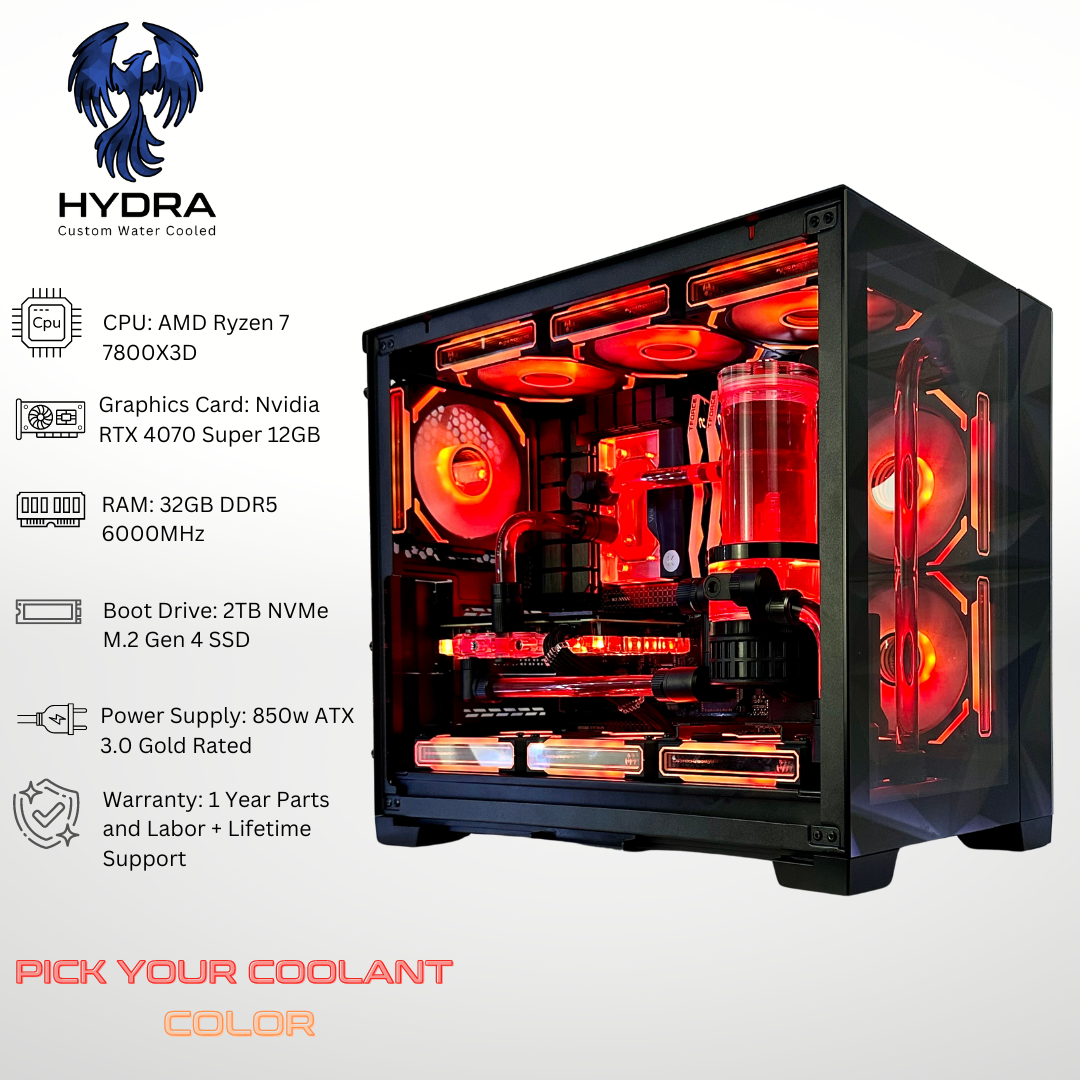 Custom Water Cooled Hydra - RTX 4070 SUPER AMD Ryzen 7 7800X3D 32GB RAM 2TB SSD DDR5 RGB Gaming PC