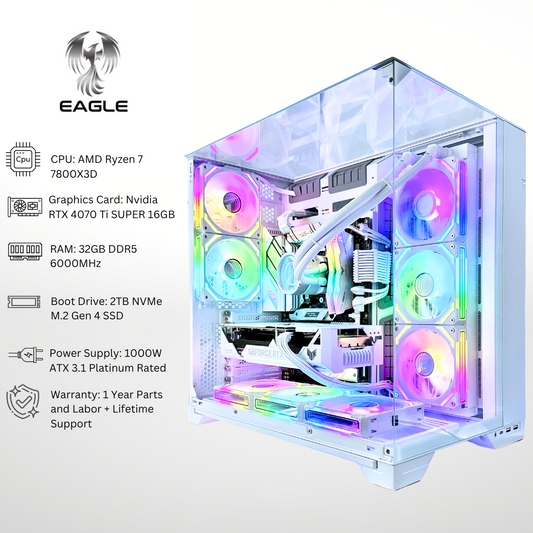 White Eagle Plus - RTX 4070 Ti SUPER AMD Ryzen 7 7800X3D 32GB RAM 2TB SSD DDR5 RGB Gaming PC