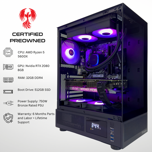 Certified Pre Owned Sparrow - NVIDIA RTX 2080 AMD Ryzen 5 5600X 32GB DDR4 RAM 512GB SSD RGB Gaming PC