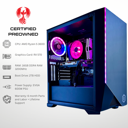 Certified Pre Owned Sparrow - RX 570 Ryzen 5 3600 16GB RAM 2TB HDD DDR4 RGB Gaming PC