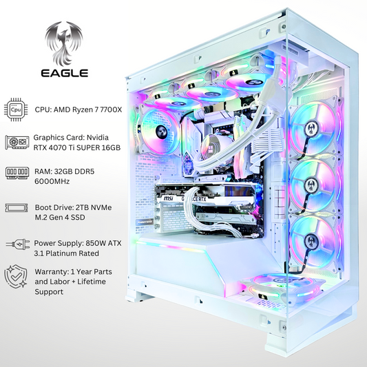 White Eagle Plus - RTX 4070 Ti SUPER AMD Ryzen 7 7700X 32GB RAM 2TB SSD DDR5 RGB Gaming PC