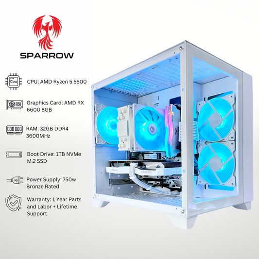 White Sparrow AMD RX 6600 Ryzen 5 5500 32GB RAM 1TB SSD RGB Gaming PC