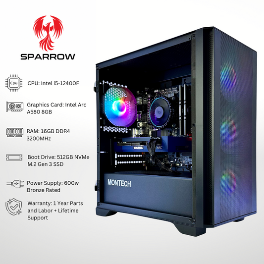 Sparrow Intel Arc A580 Intel i5-12400F 16GB RAM 512GB SSD DDR4 RGB Gaming PC