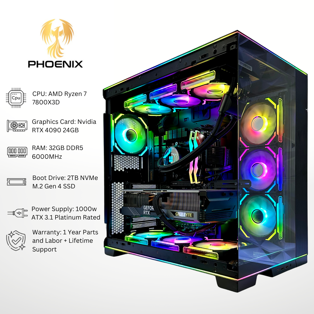 Phoenix Plus - RTX 4090 AMD Ryzen 7 7800X3D 32GB RAM 2TB SSD DDR5 RGB Gaming PC