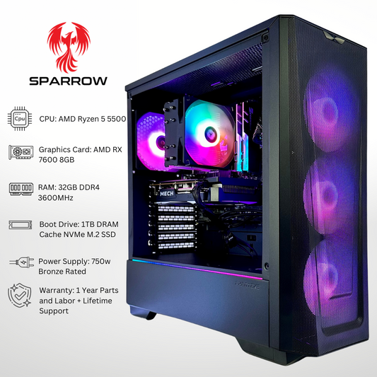 Sparrow Plus AMD RX 7600 Ryzen 5 5500 32GB RAM 1TB SSD RGB Gaming PC