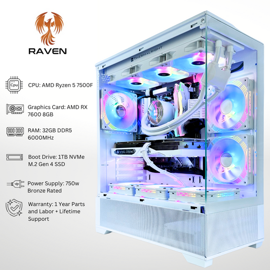 White Raven - AMD RX 7600 Ryzen 5 7500F 32GB RAM 1TB SSD DDR5 RGB Gaming PC