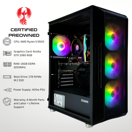 *Only Available Local In AZ* Certified Pre Owned Sparrow GTX 1060 AMD Ryzen 5 5500 16GB RAM 1TB SSD RGB Gaming PC
