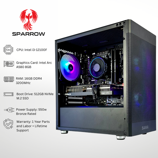 Sparrow Intel Arc A580 Intel i3-12100F 16GB RAM 512GB SSD RGB Gaming PC