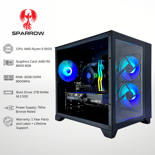 Sparrow RX 6600 AMD Ryzen 5 5500 32GB RAM 1TB SSD RGB Gaming PC
