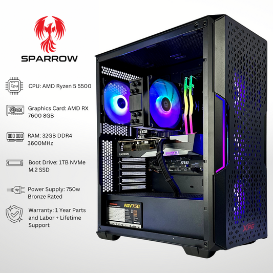 Sparrow Plus AMD RX 7600 Ryzen 5 5500 32GB RAM 1TB SSD RGB Gaming PC