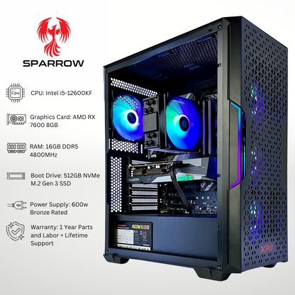 Sparrow Plus AMD RX 7600 Intel i5-12600KF 16GB RAM 512GB SSD DDR5 RGB Gaming PC