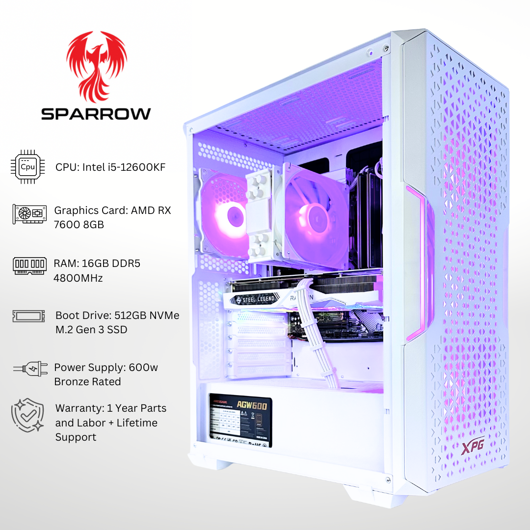 White Sparrow Plus AMD RX 7600 Intel i5-12600KF 16GB RAM 512GB SSD DDR5 RGB Gaming PC