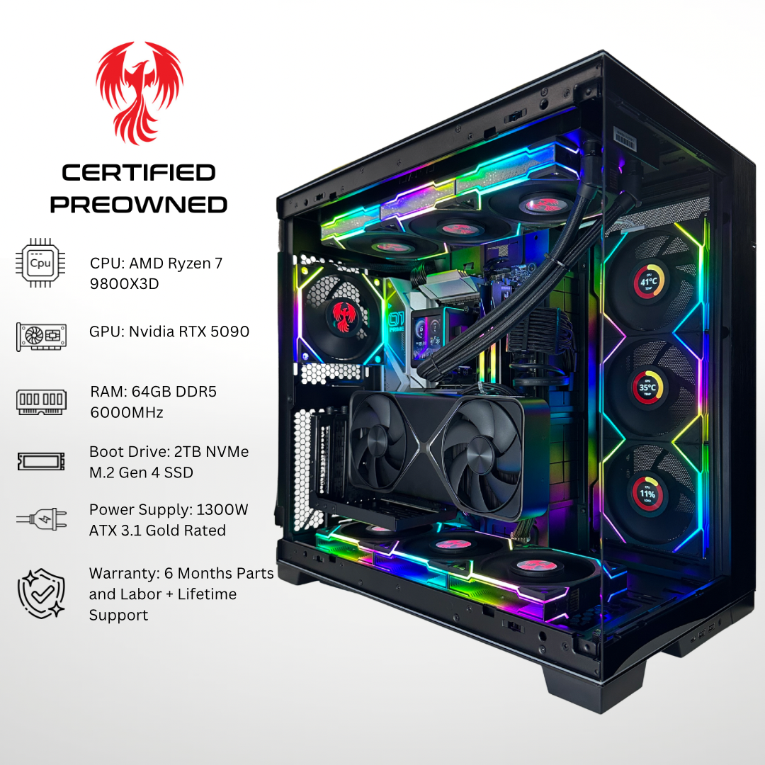 Certified Pre Owned Phoenix - NVIDIA RTX 5090 AMD Ryzen 7 9800X3D 64GB DDR5 RAM 2TB SSD RGB Gaming PC