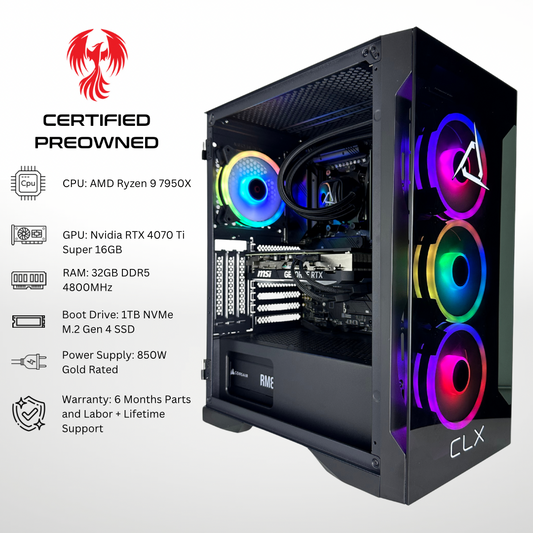 Certified Pre Owned Eagle - Nvidia RTX 4070 Ti Super AMD Ryzen 9 7950X 32GB DDR5 RAM 1TB SSD RGB Gaming PC