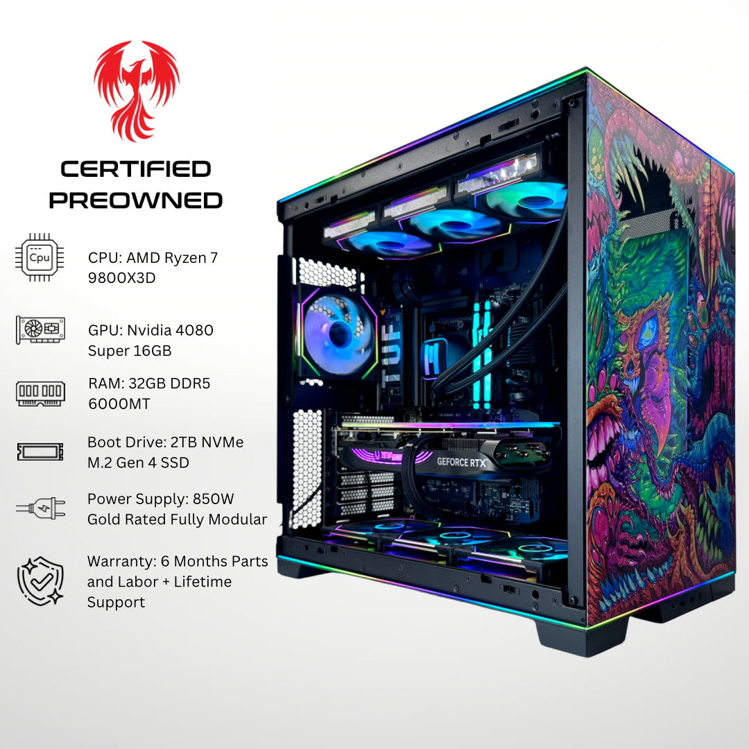 Certified Pre Owned Phoenix - Nvidia RTX 4080 Super AMD Ryzen 7 9800X3D 32GB RAM 2TB SSD DDR5 RGB Gaming PC
