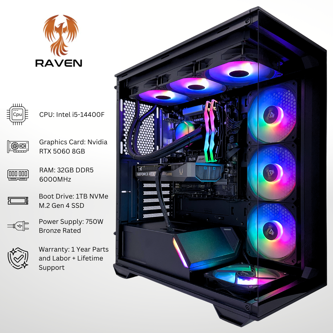 Raven - Nvidia RTX 5060 Intel i5-14400F 32GB DDR5 RAM 1TB SSD RGB Gaming PC