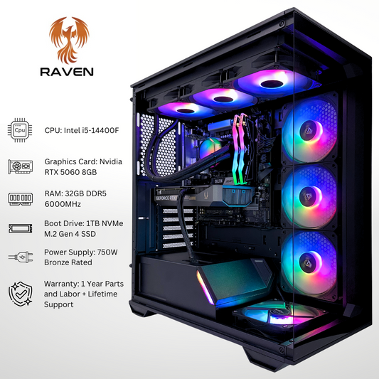 Raven - Nvidia RTX 5060 Intel i5-14400F 32GB DDR5 RAM 1TB SSD RGB Gaming PC