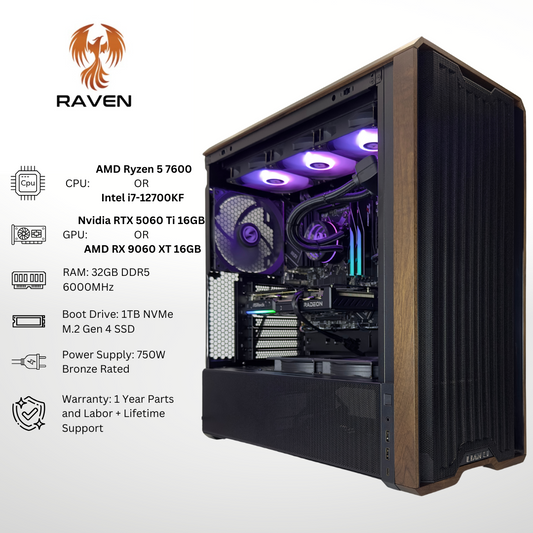 Raven Plus - Nvidia RTX 5060 Ti/AMD RX 9060 XT 32GB DDR5 RAM 1TB SSD RGB Gaming PC