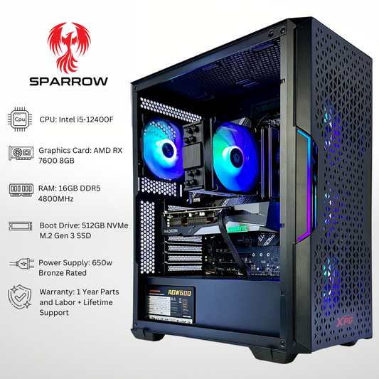 Sparrow Plus - AMD RX 7600 Intel i5-12400F 16GB RAM 512GB SSD DDR5 RGB Gaming PC