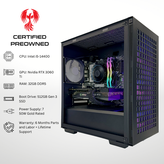 Certified Pre Owned Sparrow - Nvidia RTX 3060 Ti Intel i5-14400 32GB DDR5 RAM 512GB SSD RGB Gaming PC