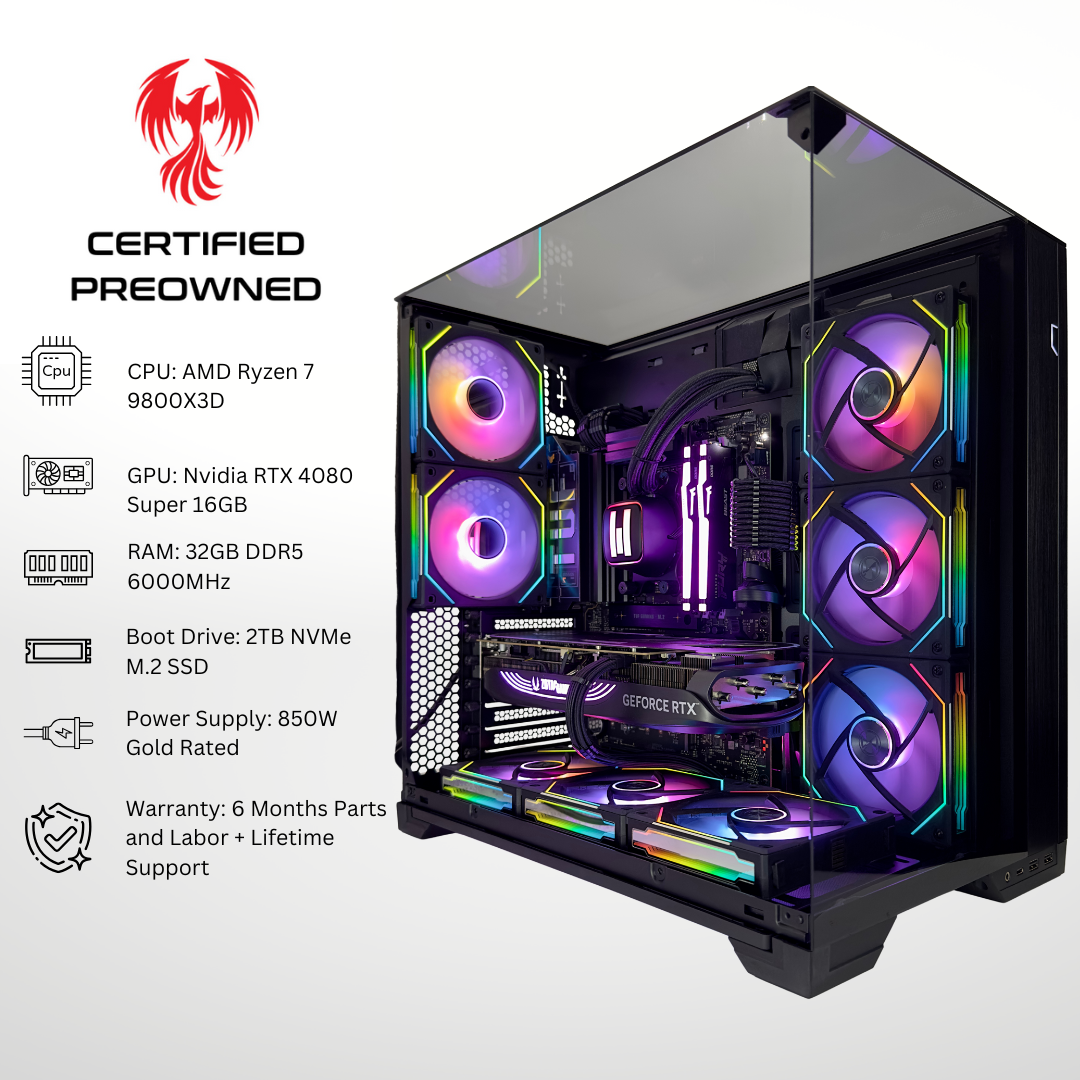 Certified Pre Owned Phoenix - Nvidia RTX 4080 Super AMD Ryzen 7 9800X3D 32GB DDR5 RAM 1TB SSD RGB Gaming PC
